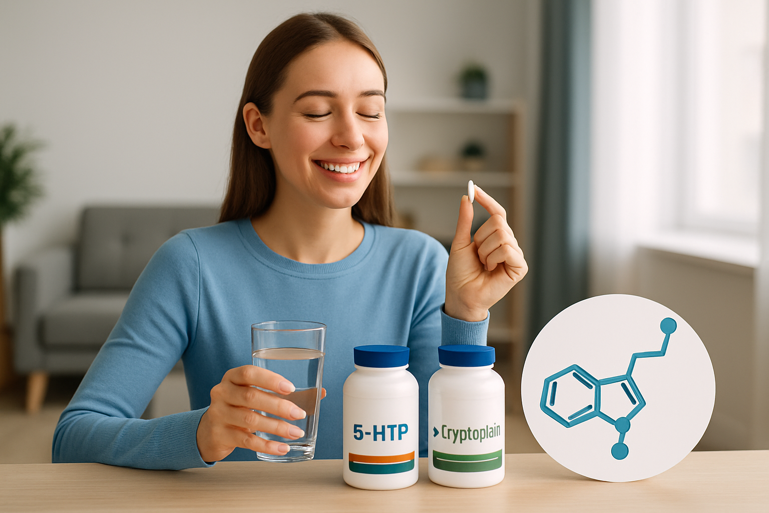 Wissenschaftliche Darstellung des Serotonin-Stoffwechselwegs von L-Tryptophan über 5-HTP zu Serotonin mit Psychedelika-Rezeptoren