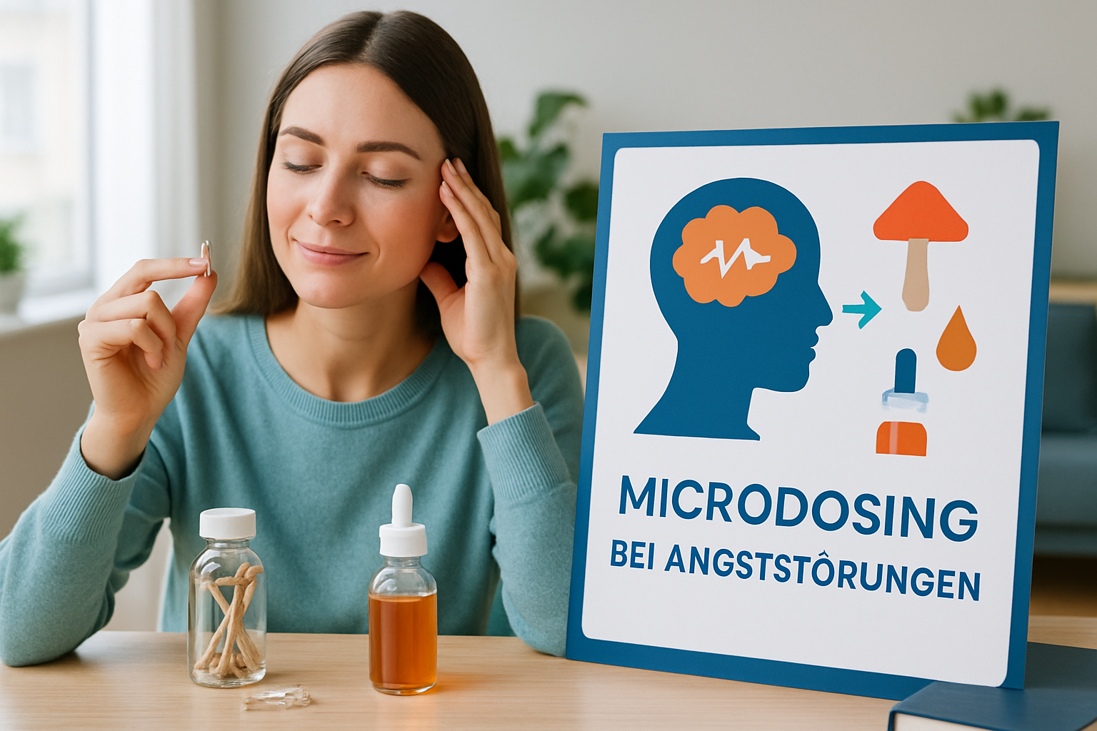 Illustration einer Person in meditativer Haltung umgeben von beruhigenden Symbolen und wissenschaftlichen Notizen zu Microdosing