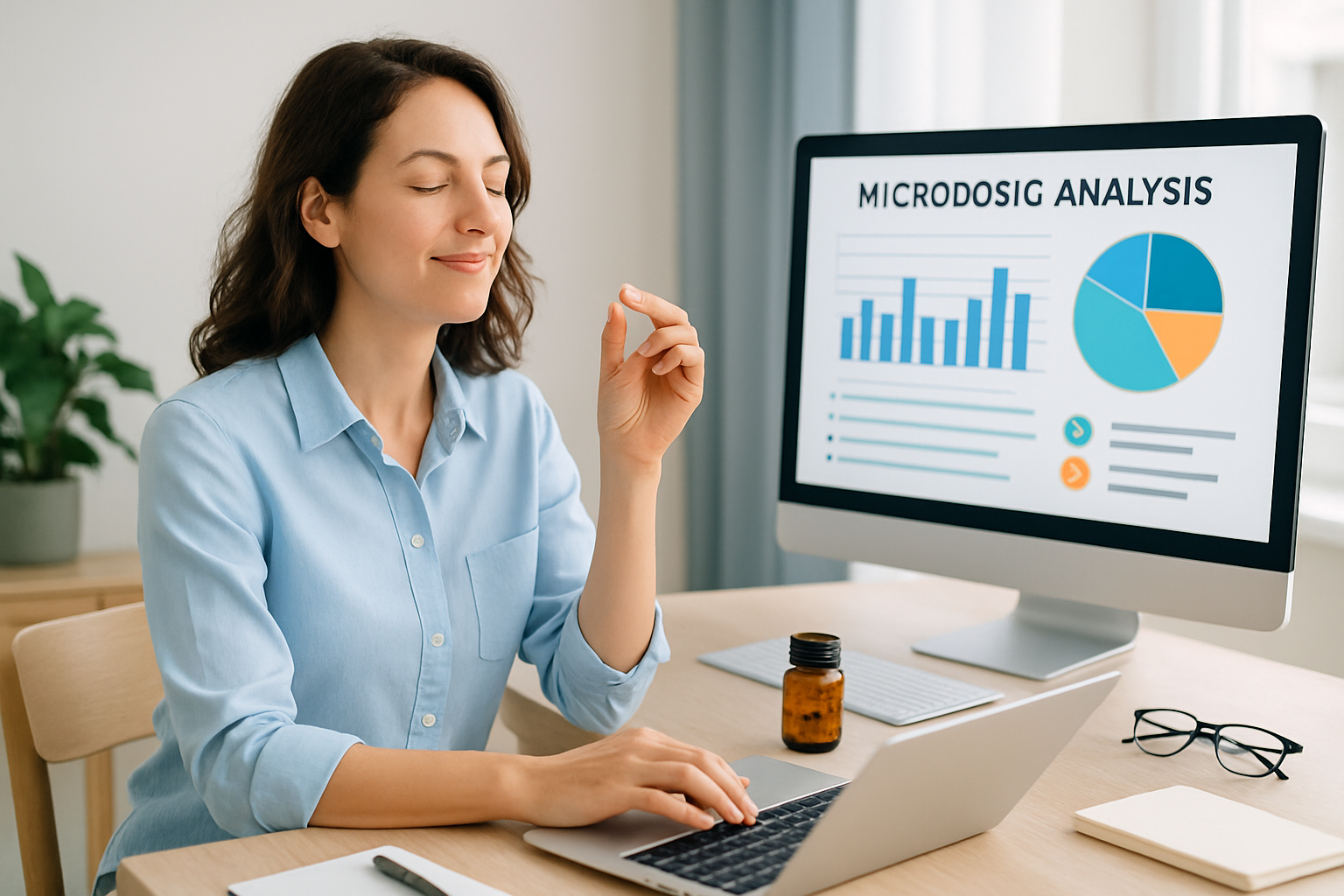 Wissenschaftliche Grafik mit Diagrammen zur Auswertung von Microdosing-Erfahrungsberichten und Studiendaten