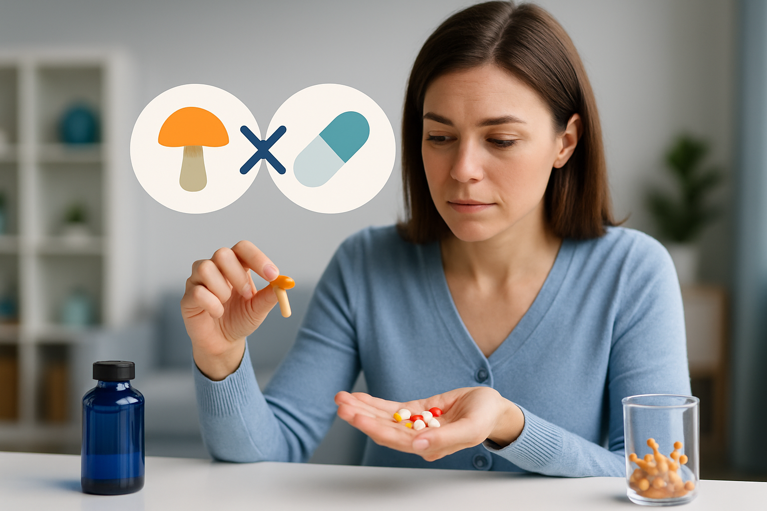 Pharmazeutische Darstellung von Medikamenten-Wechselwirkungen mit psychedelischen Substanzen und Warnsymbolen