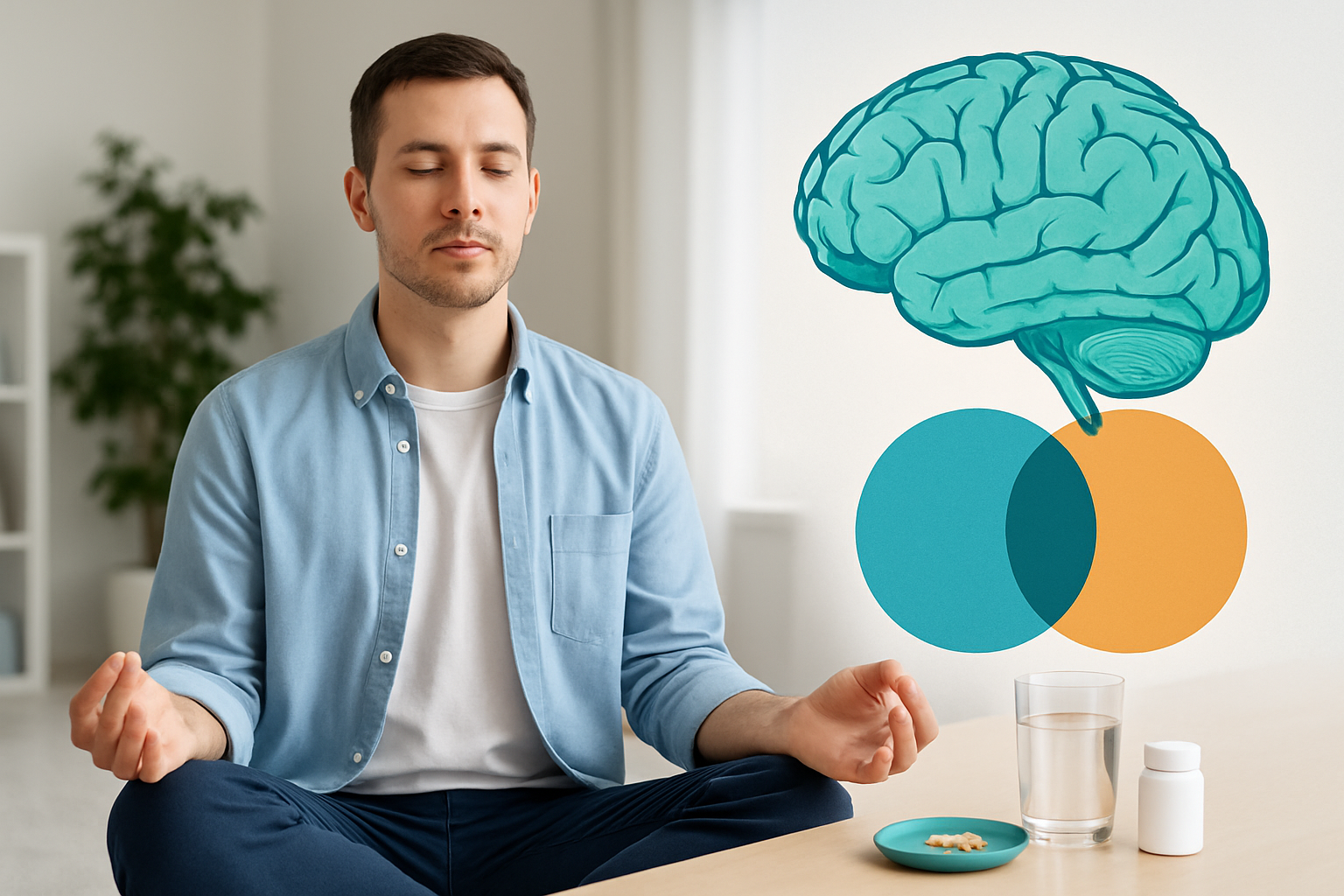 Illustration einer Person in Meditation mit subtilen neuronalen Netzwerk-Mustern im Hintergrund