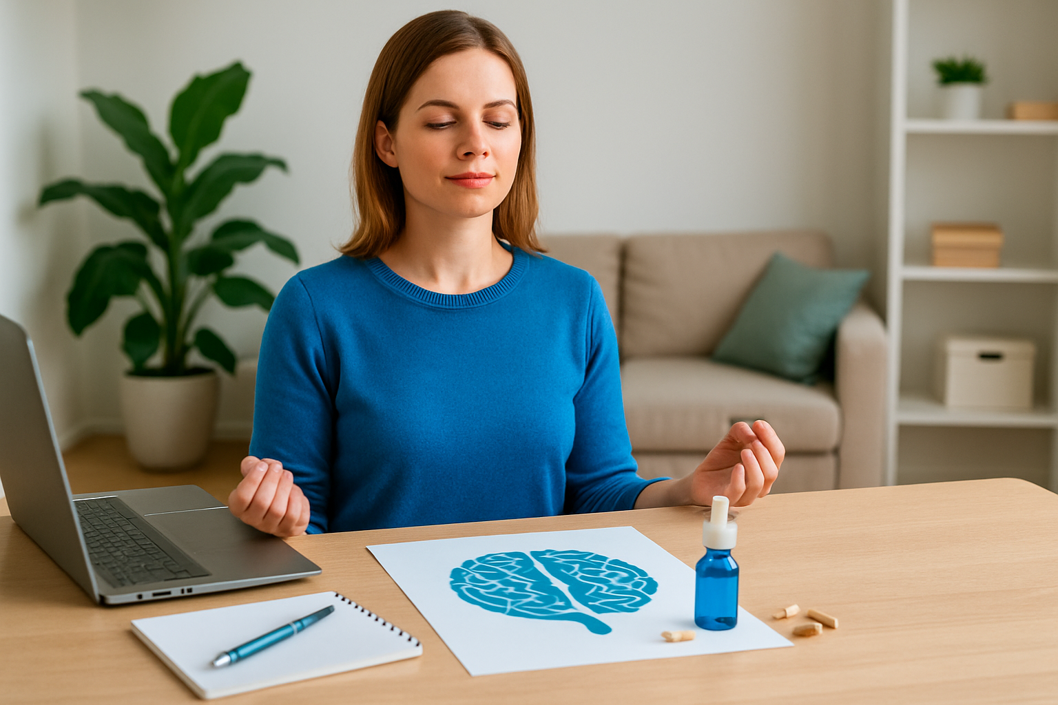 Ruhiger Raum mit Meditationskissen, Tagebuch und Pflanzen als optimale Microdosing-Umgebung