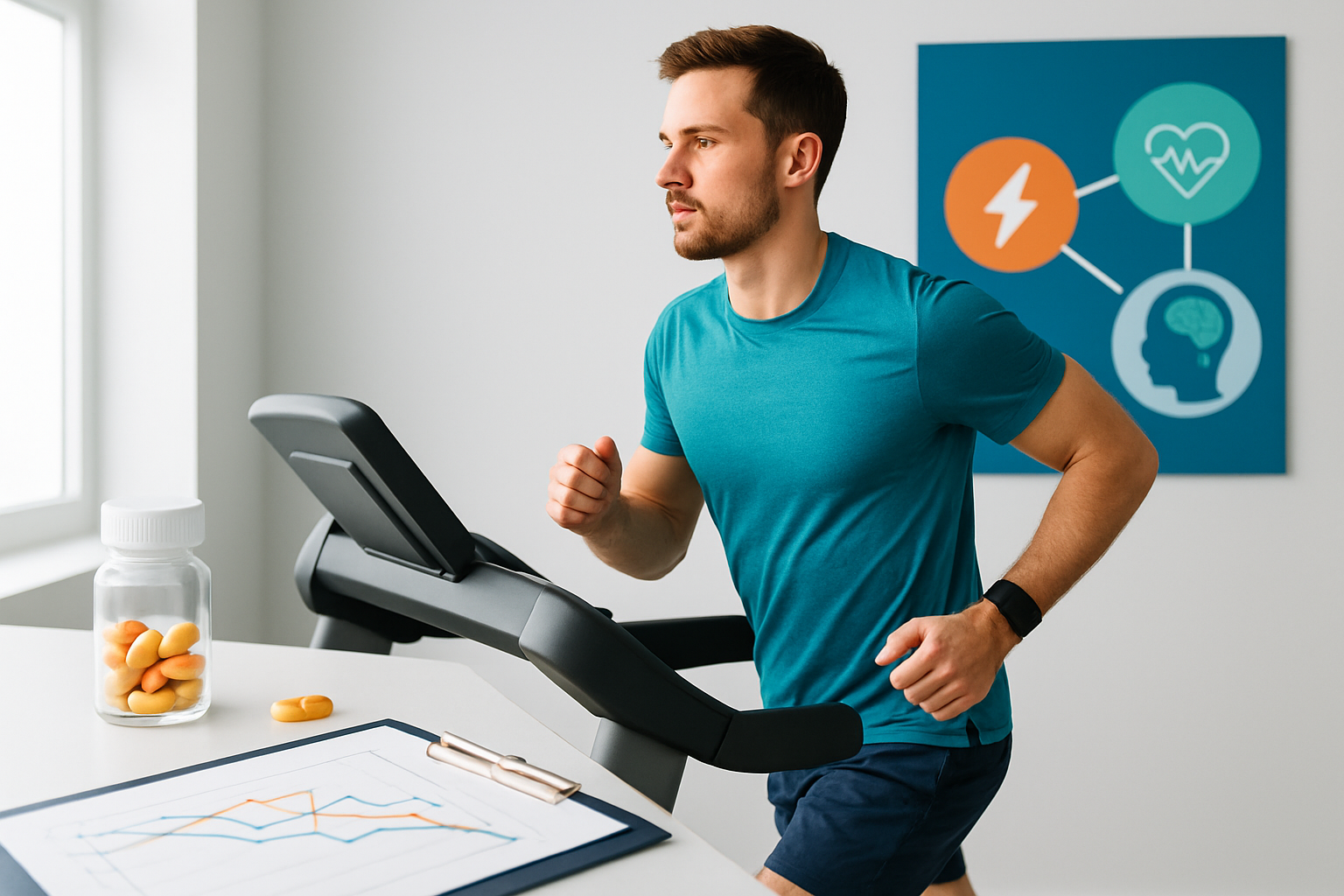 Sportler beim Training mit visueller Darstellung von Leistungsparametern und Microdosing-Effekten