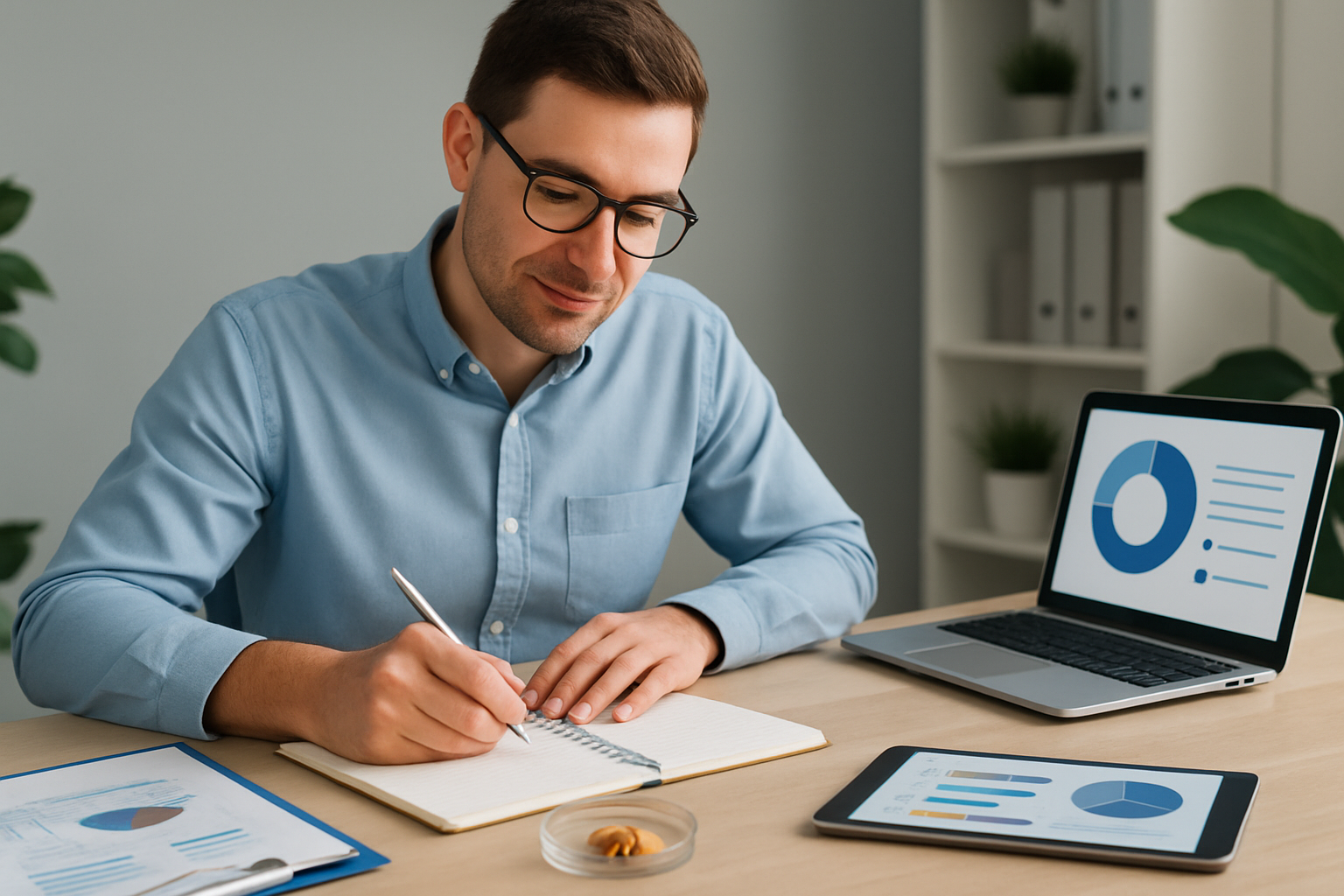 Aufgeschlagenes Microdosing-Tagebuch mit Stift, Kalender und wissenschaftlichen Notizen zur strukturierten Dokumentation