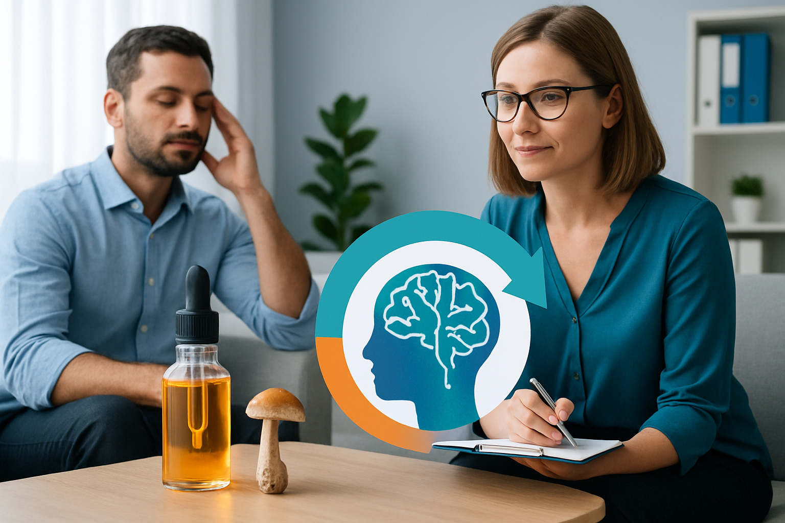 Therapeutisches Setting mit symbolischer Darstellung der Kombination von Microdosing und Psychotherapie